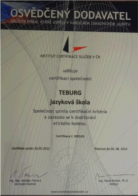 certifikát - vzorný dodavatel Teburg